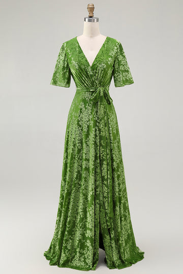 Burnout Velvet Sage Green V-Neck Long Mother of Bride Dress with Sash